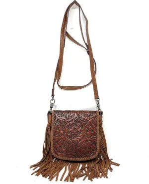 Western Genuine Leather Floral Tooled Fringe Womens Crossbody Bag 3 Color