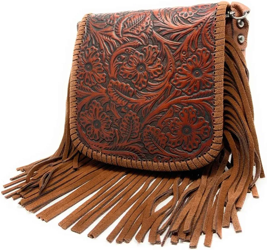 Western Genuine Leather Floral Tooled Fringe Womens Crossbody Bag 3 Color