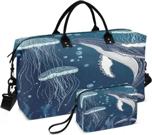 Whales and Jellyfish Travel Duffel Bags 2PCS,Sports Duffel Bags for Men Women,Weekender Overnight Bag Gym Tote Bag with Toiletry Bag