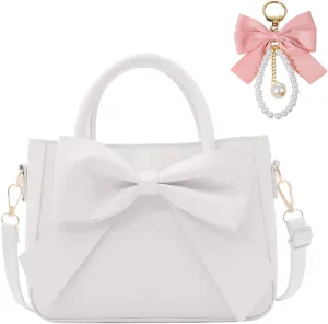 White Crossbody Bags for Women with Adjustable Shoulder Straps White Crossbody Purse, Cute Handbags Suitable for Women and Girls to go to School, Work, Travel (With Bow Keychain * 1)