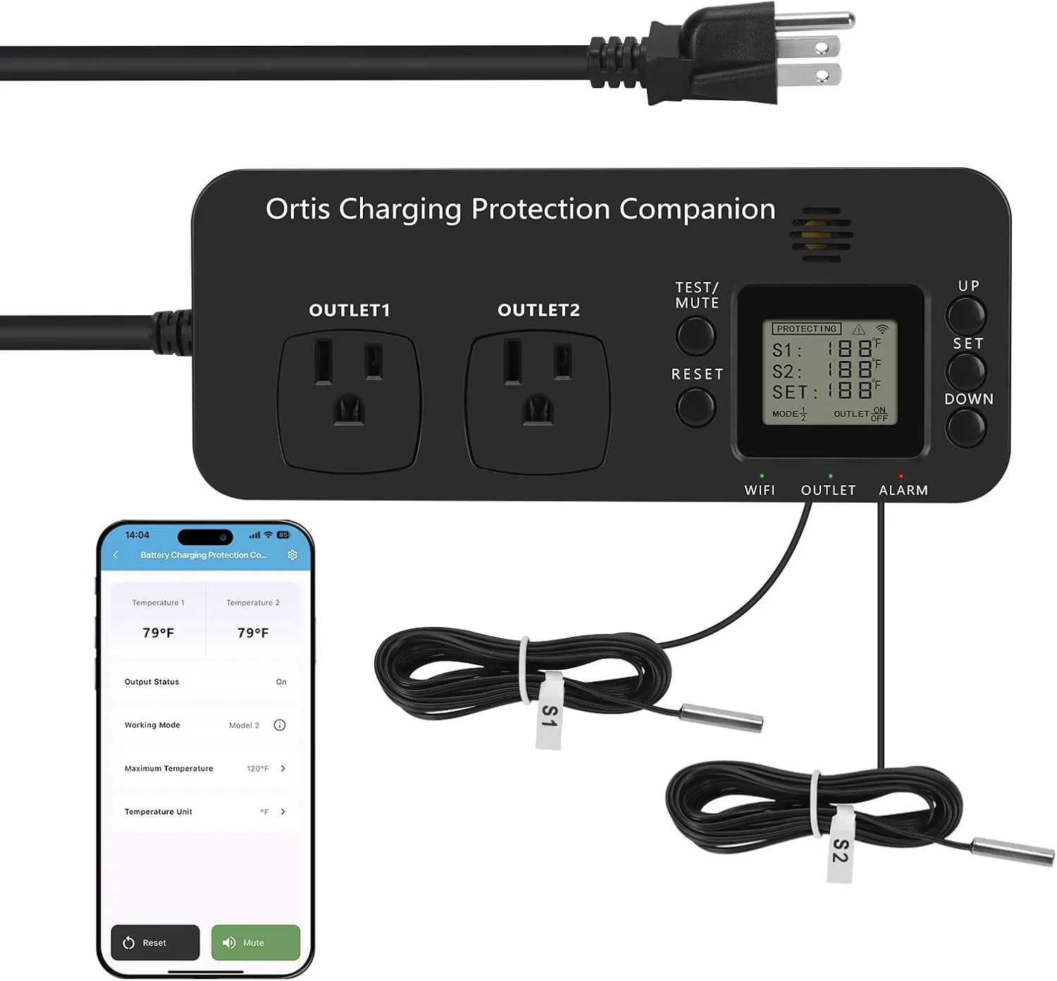 WiFi Battery Charging Companion Pairs with Fireproof Bag for Safer Charging, with High-Temperature Alarm and Power Cutoff, Surge Protection, UL Certified, Patent Pending