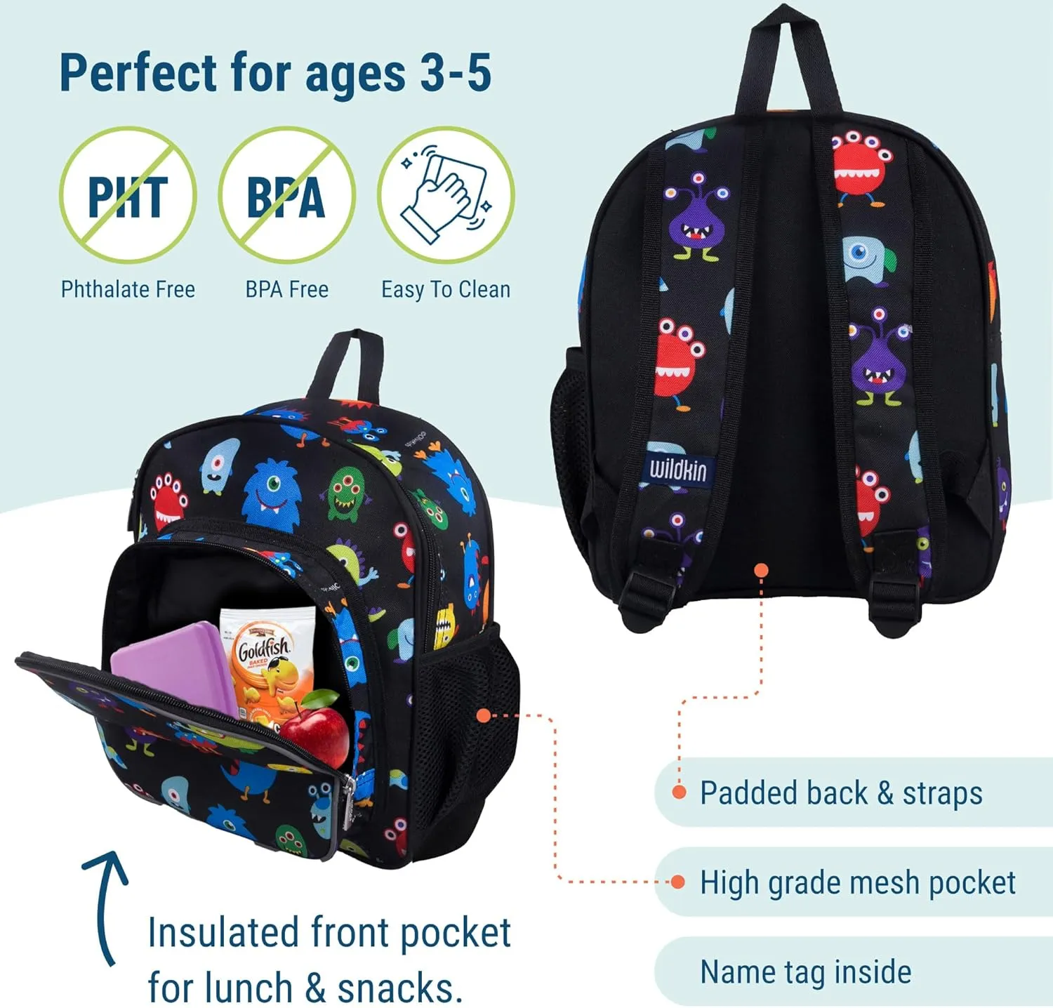 Wildkin 12-inch Kids Backpack – Padded, Adjustable, Ideal for Daycare & Travel - Monsters