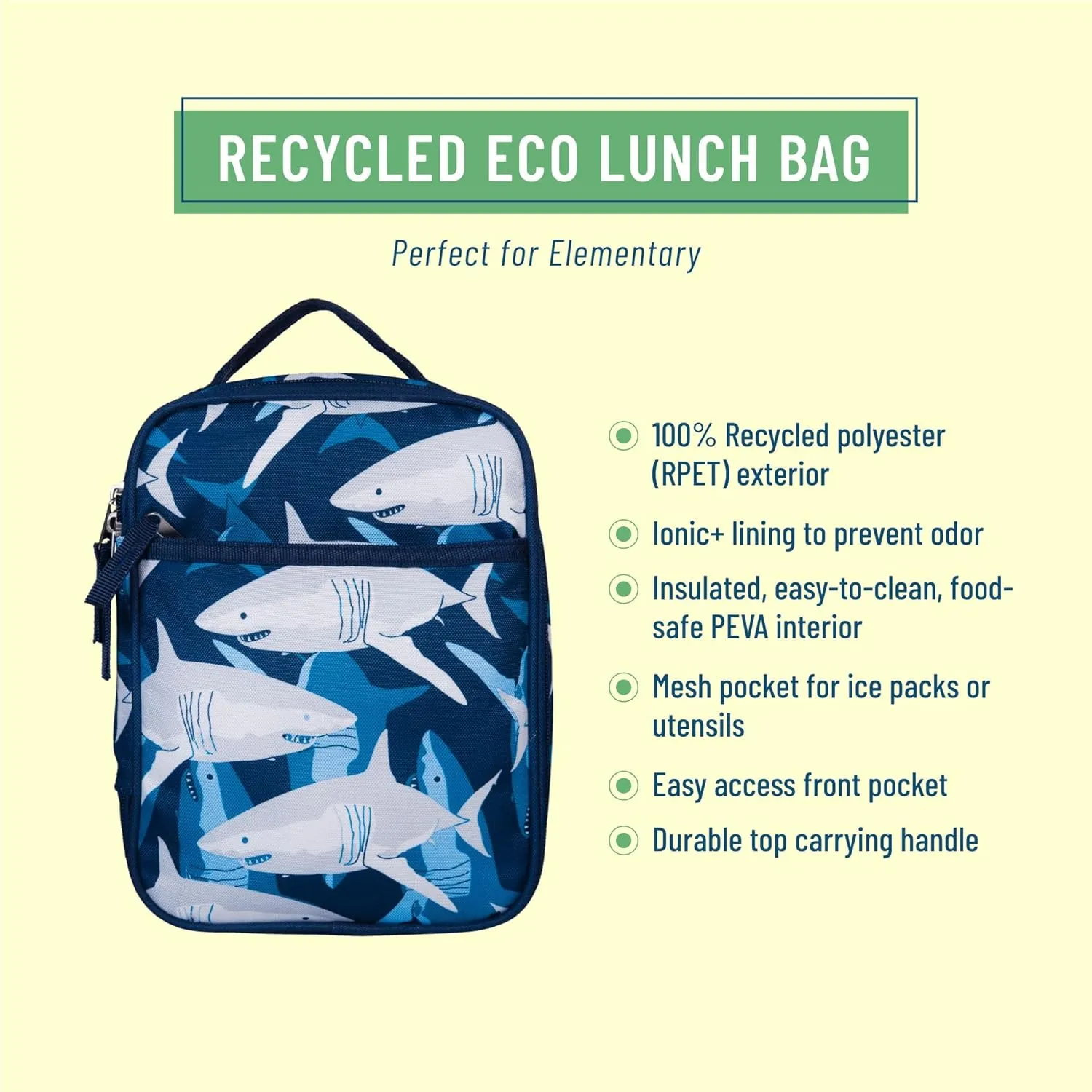 Wildkin ECO rPET Insulated Original Lunch Bag – Durable, Stylish, Ideal for School & Travel - Sharks