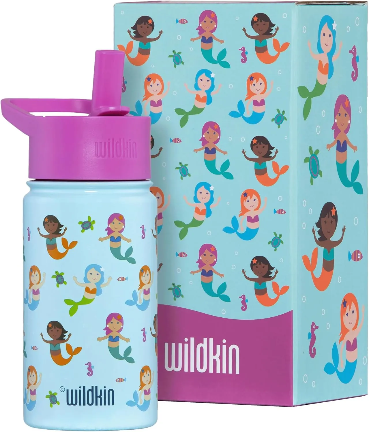 Wildkin Kids 14oz Stainless Steel Water Bottle – BPA-Free, Leakproof, Insulated, Easy-Clean - Mermaids