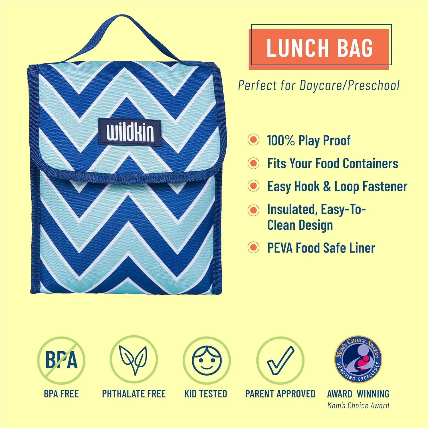 Wildkin Kids Insulated Lunch Bag – Reusable, Ideal for Hot/Cold Snacks, School & Travel - Chevron Blue