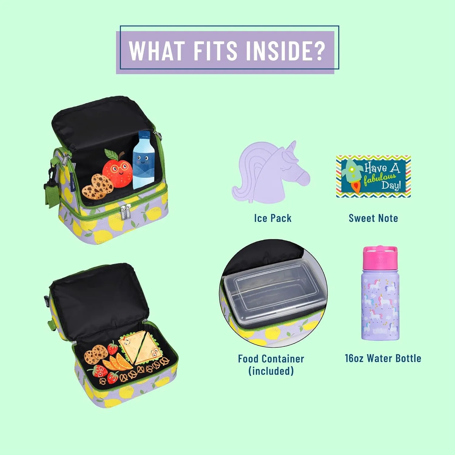 Wildkin Two Compartment Insulated Lunch Bag for Kids – School & Travel Ready - Lilac Lemonade