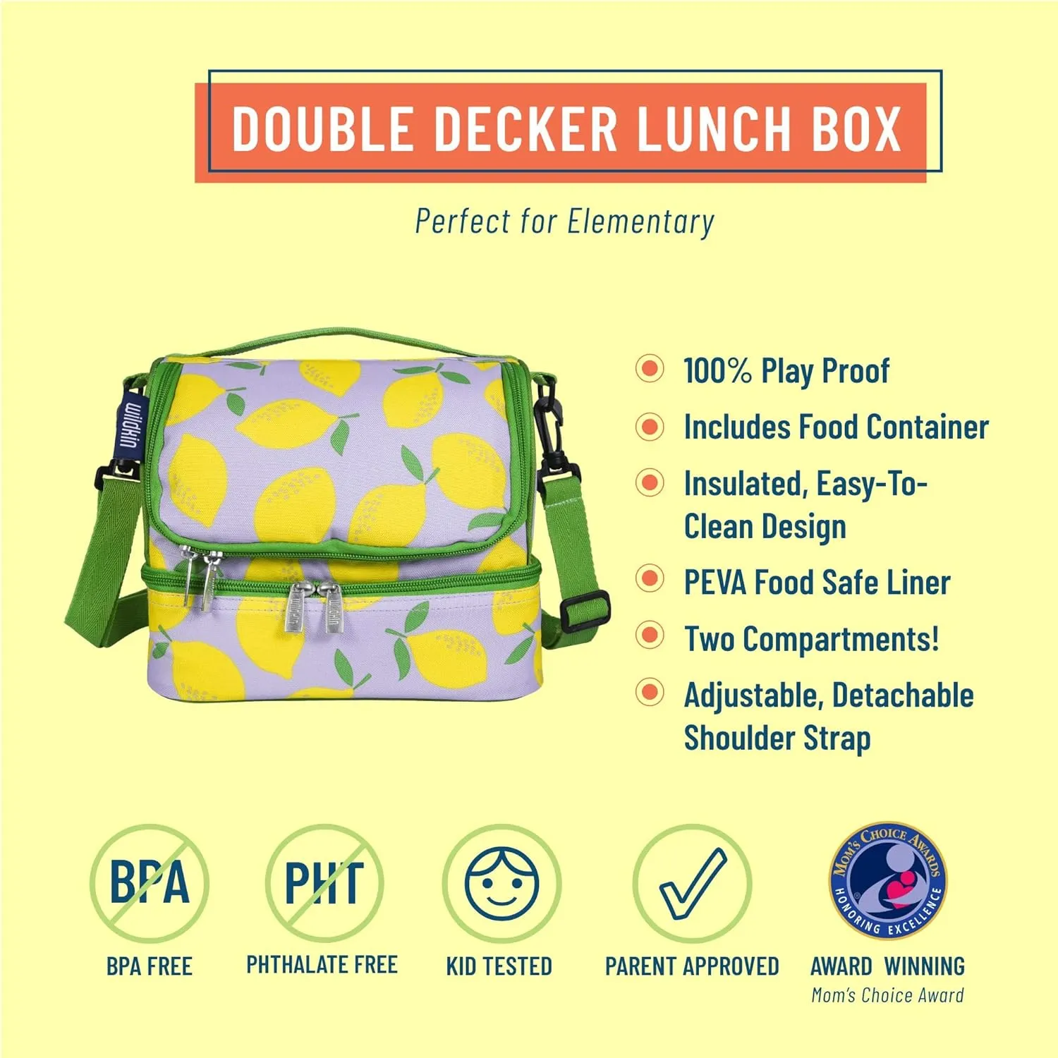 Wildkin Two Compartment Insulated Lunch Bag for Kids – School & Travel Ready - Lilac Lemonade