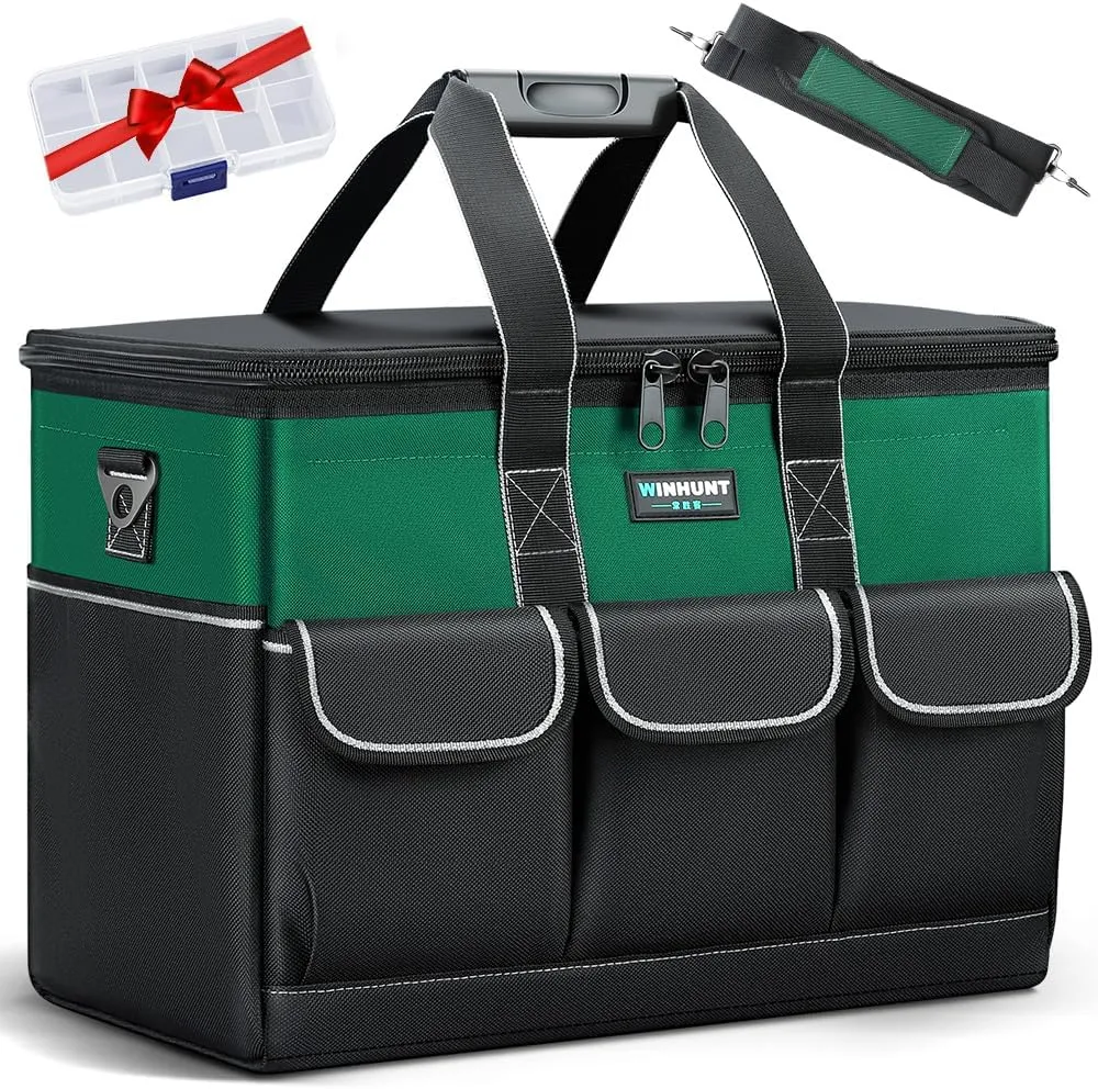 WINHUINT Large Tool Bag, 19-inch Wide Mouth Tool Organiser, 600 Denier with 6 Interior 8 Exterior Pockets Electricians Tool Bag for Home DIY & Equipment Storage, Green and Black (19 inch)