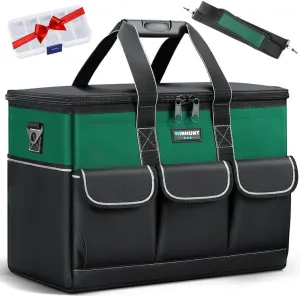 WINHUINT Large Tool Bag, 19-inch Wide Mouth Tool Organiser, 600 Denier with 6 Interior 8 Exterior Pockets Electricians Tool Bag for Home DIY & Equipment Storage, Green and Black (19 inch)