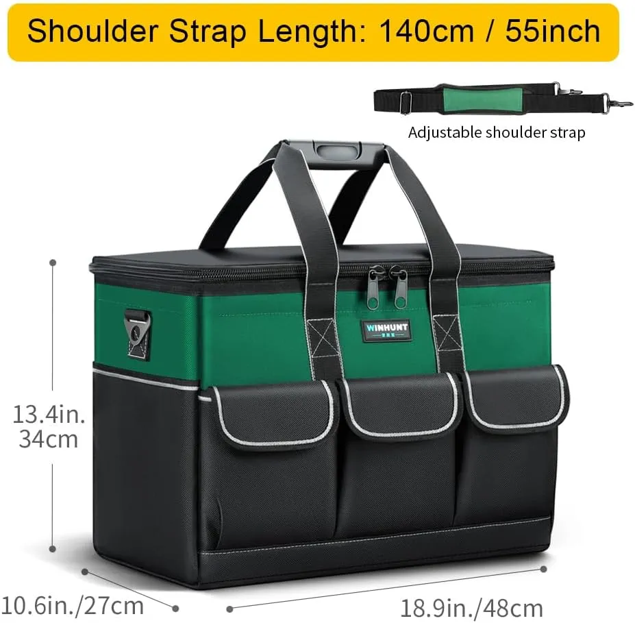 WINHUINT Large Tool Bag, 19-inch Wide Mouth Tool Organiser, 600 Denier with 6 Interior 8 Exterior Pockets Electricians Tool Bag for Home DIY & Equipment Storage, Green and Black (19 inch)