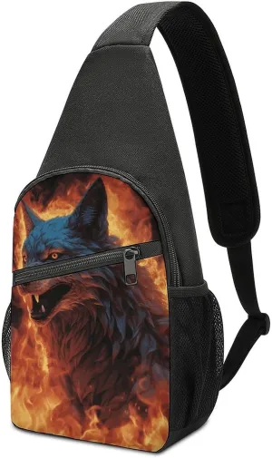 Wolf Surrounded by Fire Sling Bag Lightweight Crossbody Shoulder Backpacks Hiking Travel Daypack Chest Bag for Women Men