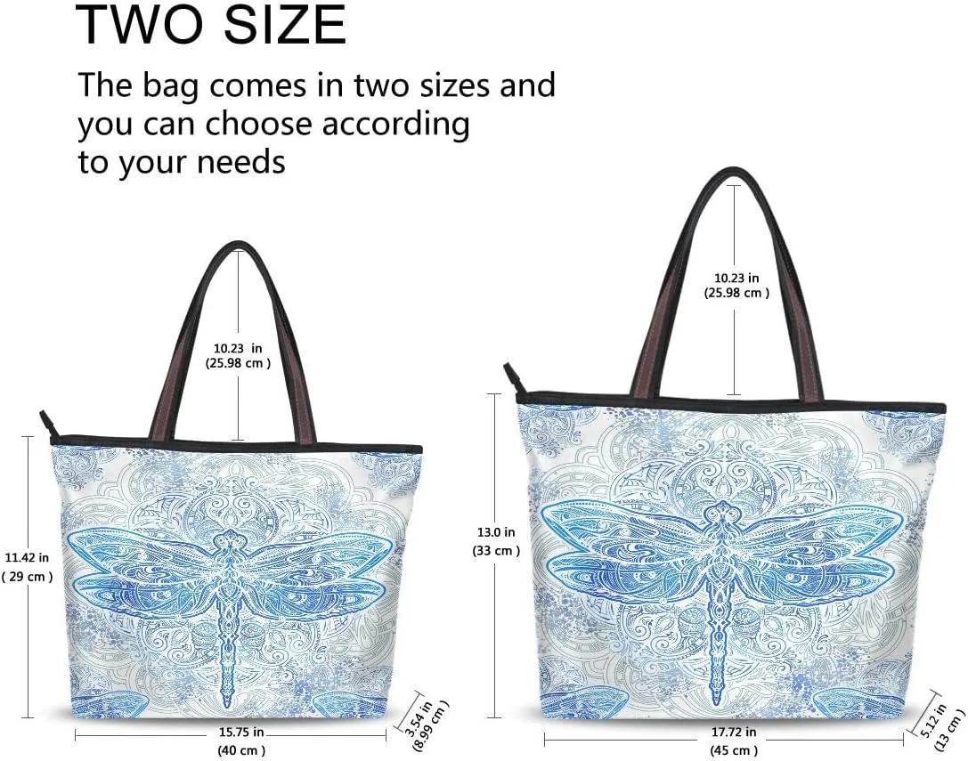 Woman Tote Bag Blue Dragonfly Mandala Shoulder Handbag for Work Travel Business Beach Shopping School