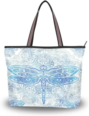 Woman Tote Bag Blue Dragonfly Mandala Shoulder Handbag for Work Travel Business Beach Shopping School
