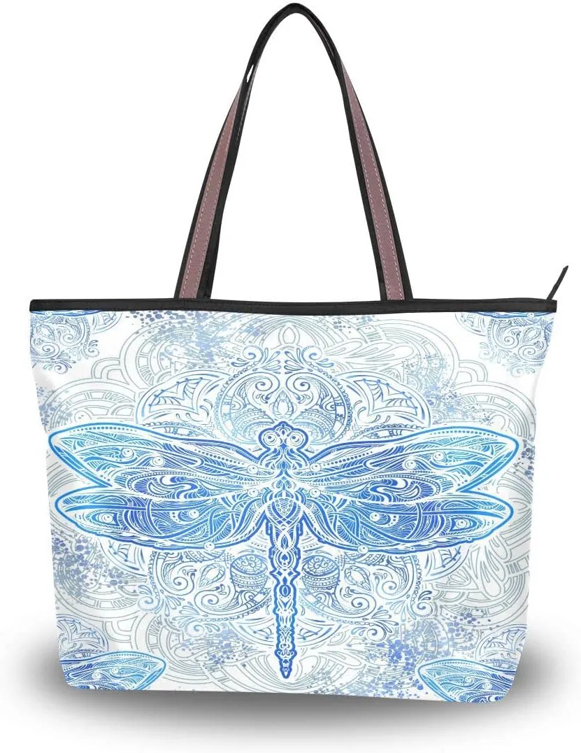 Woman Tote Bag Blue Dragonfly Mandala Shoulder Handbag for Work Travel Business Beach Shopping School