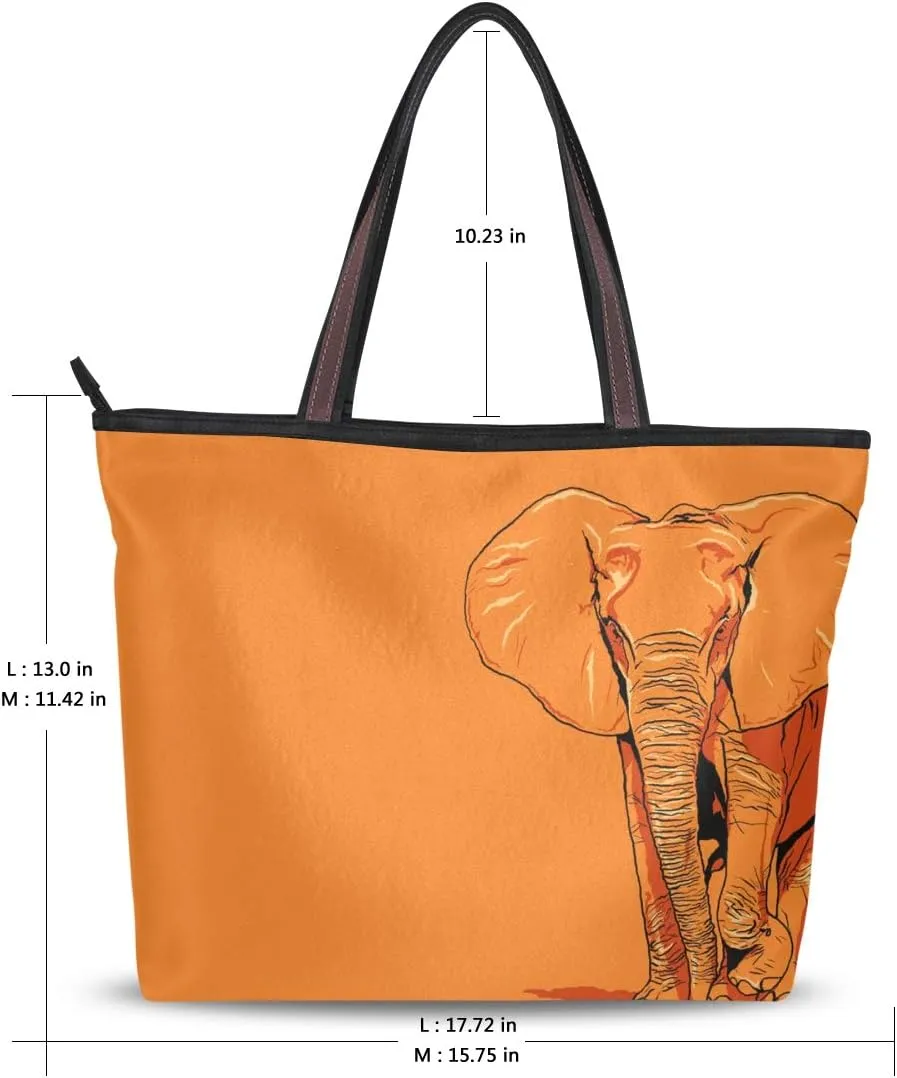 Woman Tote Bag Shoulder Handbag Orange Elephant for Work Travel Business Beach Shopping School