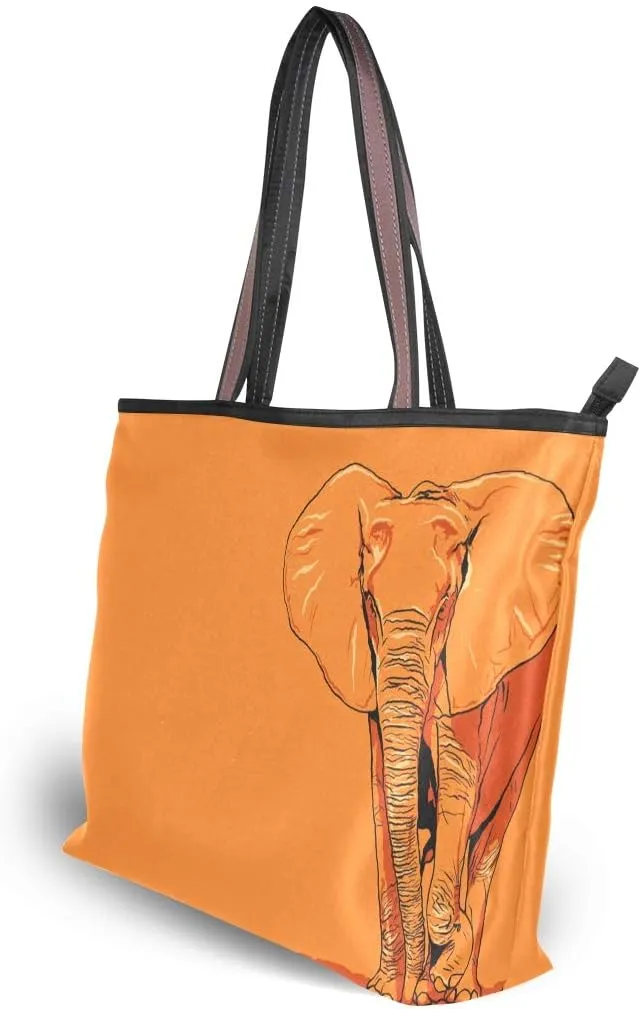 Woman Tote Bag Shoulder Handbag Orange Elephant for Work Travel Business Beach Shopping School