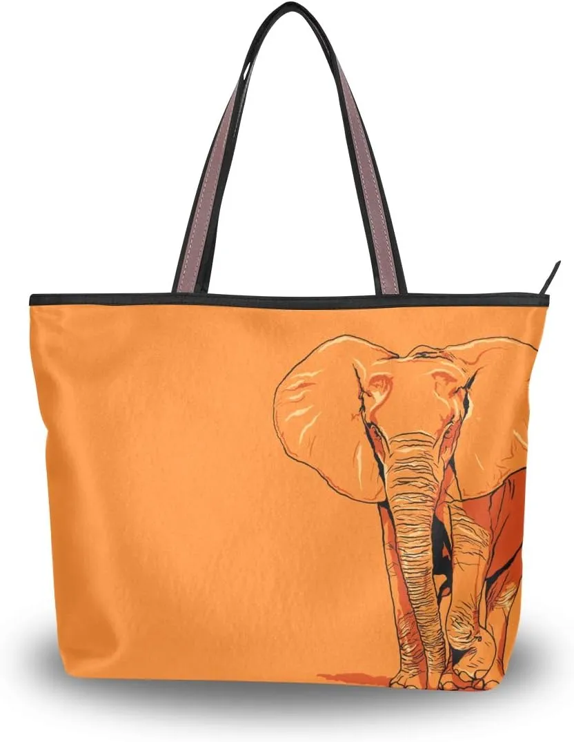 Woman Tote Bag Shoulder Handbag Orange Elephant for Work Travel Business Beach Shopping School