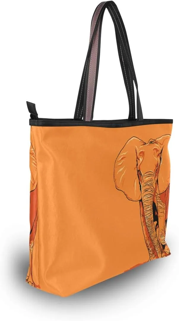 Woman Tote Bag Shoulder Handbag Orange Elephant for Work Travel Business Beach Shopping School