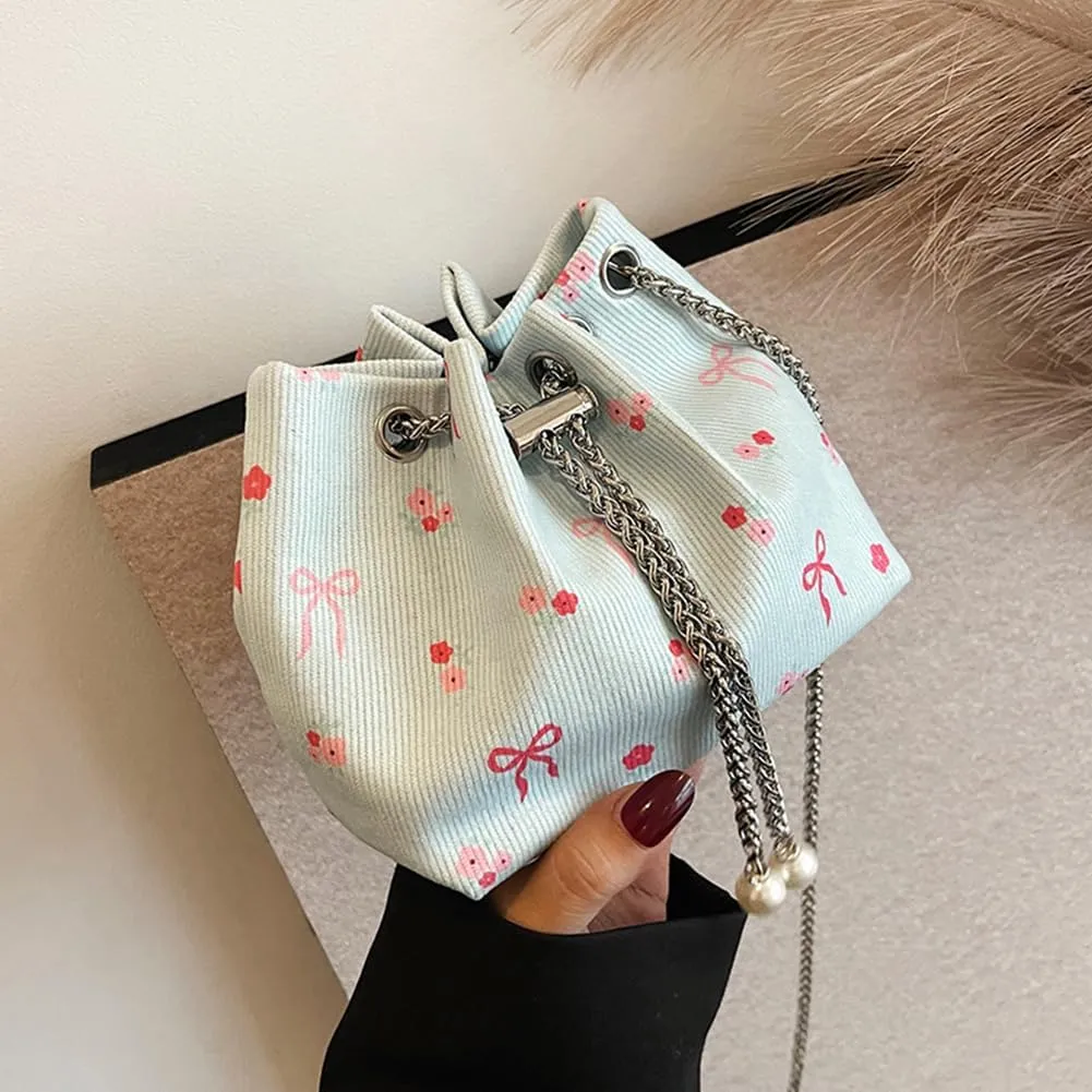 Women Bucket Bag Drawstring Shoulder Bag with Chain Crossbody Bag Clutch Purse for Work Travel