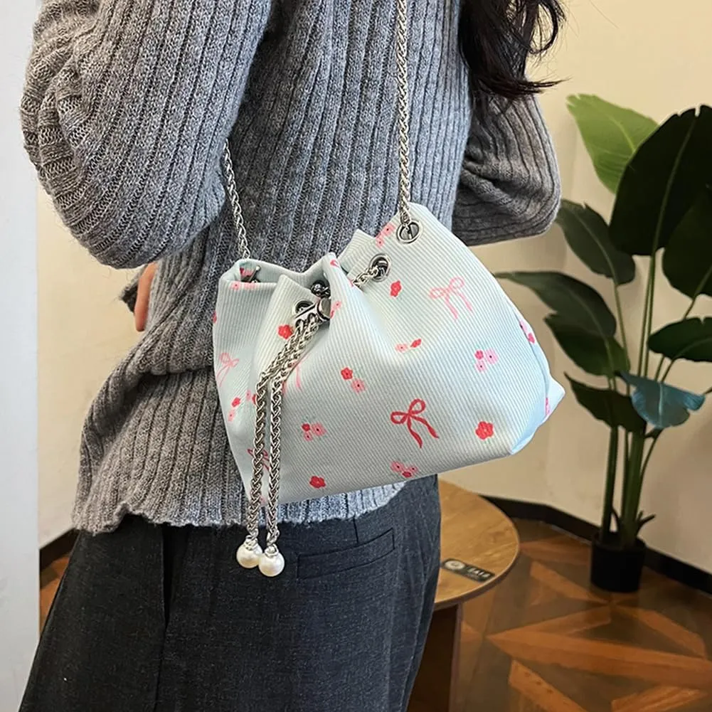 Women Bucket Bag Drawstring Shoulder Bag with Chain Crossbody Bag Clutch Purse for Work Travel
