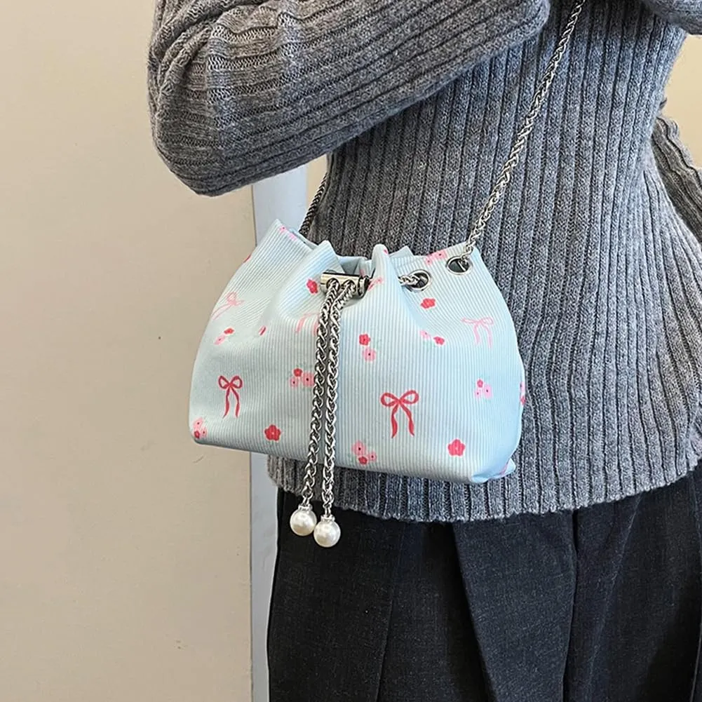 Women Bucket Bag Drawstring Shoulder Bag with Chain Crossbody Bag Clutch Purse for Work Travel