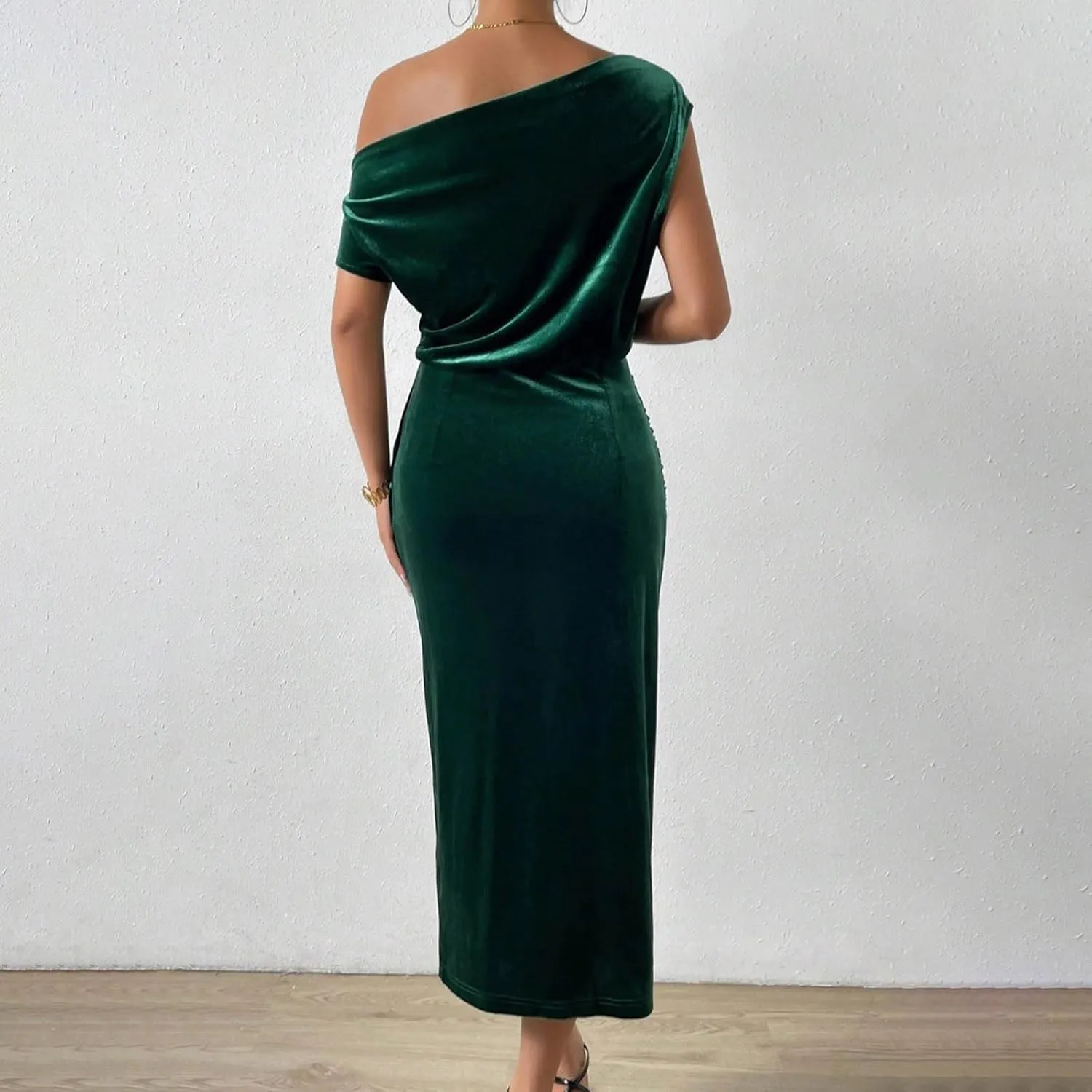 Women Classy Velvet Dress Sexy Off Shoulder Cocktail Party Dresses Ruched Split Midi for Wedding Guest