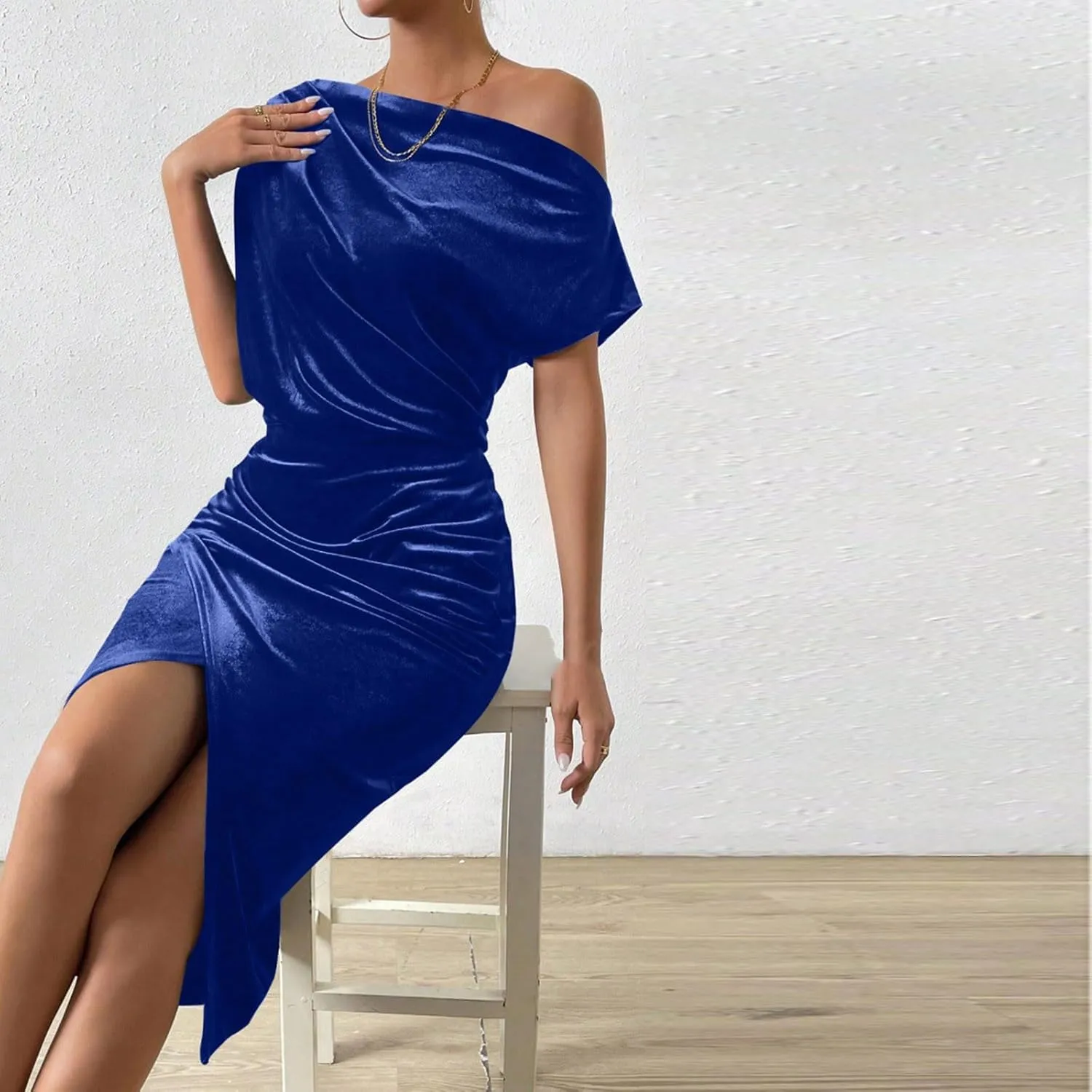 Women Classy Velvet Dress Sexy Off Shoulder Cocktail Party Dresses Ruched Split Midi for Wedding Guest