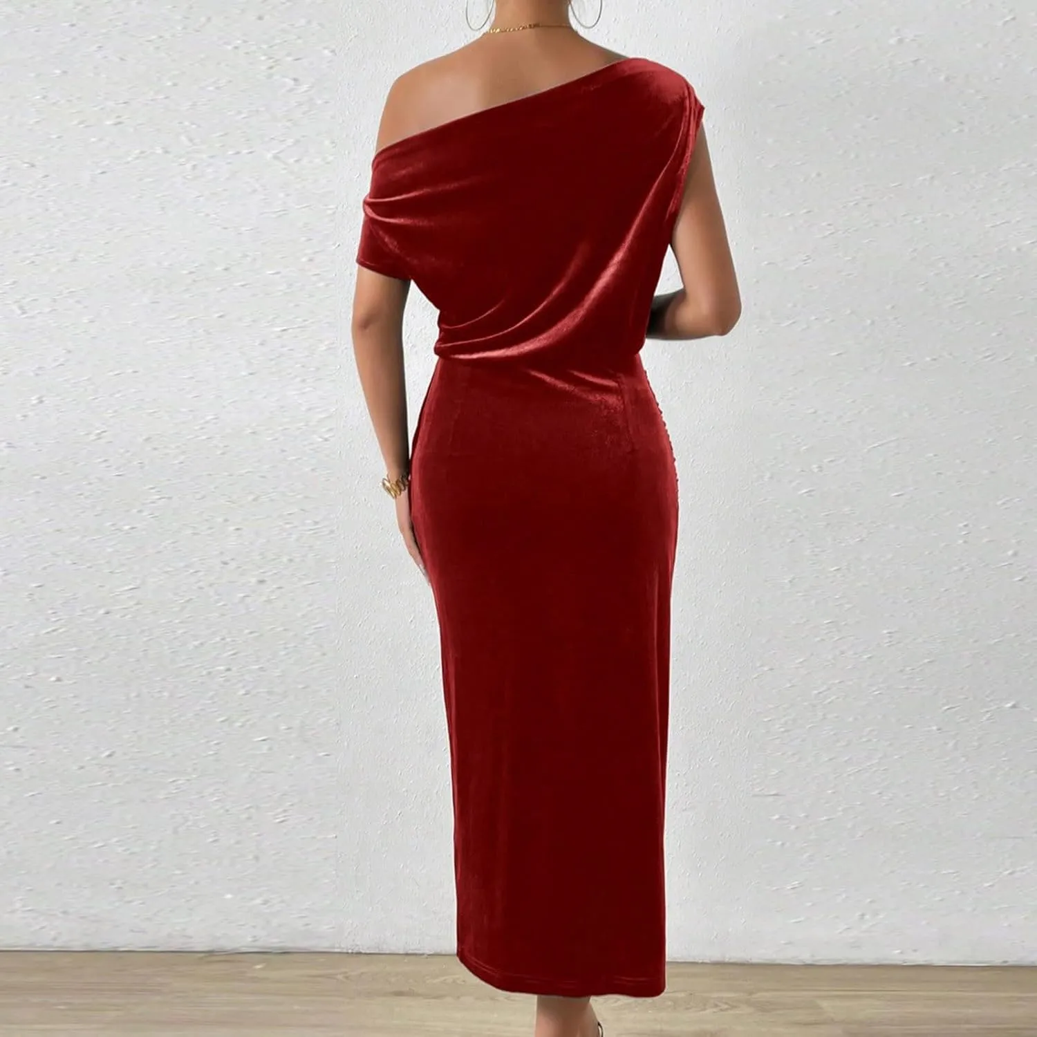 Women Classy Velvet Dress Sexy Off Shoulder Cocktail Party Dresses Ruched Split Midi for Wedding Guest