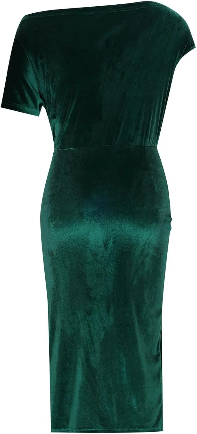 Women Classy Velvet Dress Sexy Off Shoulder Cocktail Party Dresses Ruched Split Midi for Wedding Guest