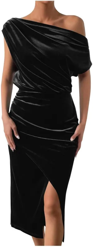 Women Classy Velvet Dress Sexy Off Shoulder Cocktail Party Dresses Ruched Split Midi for Wedding Guest