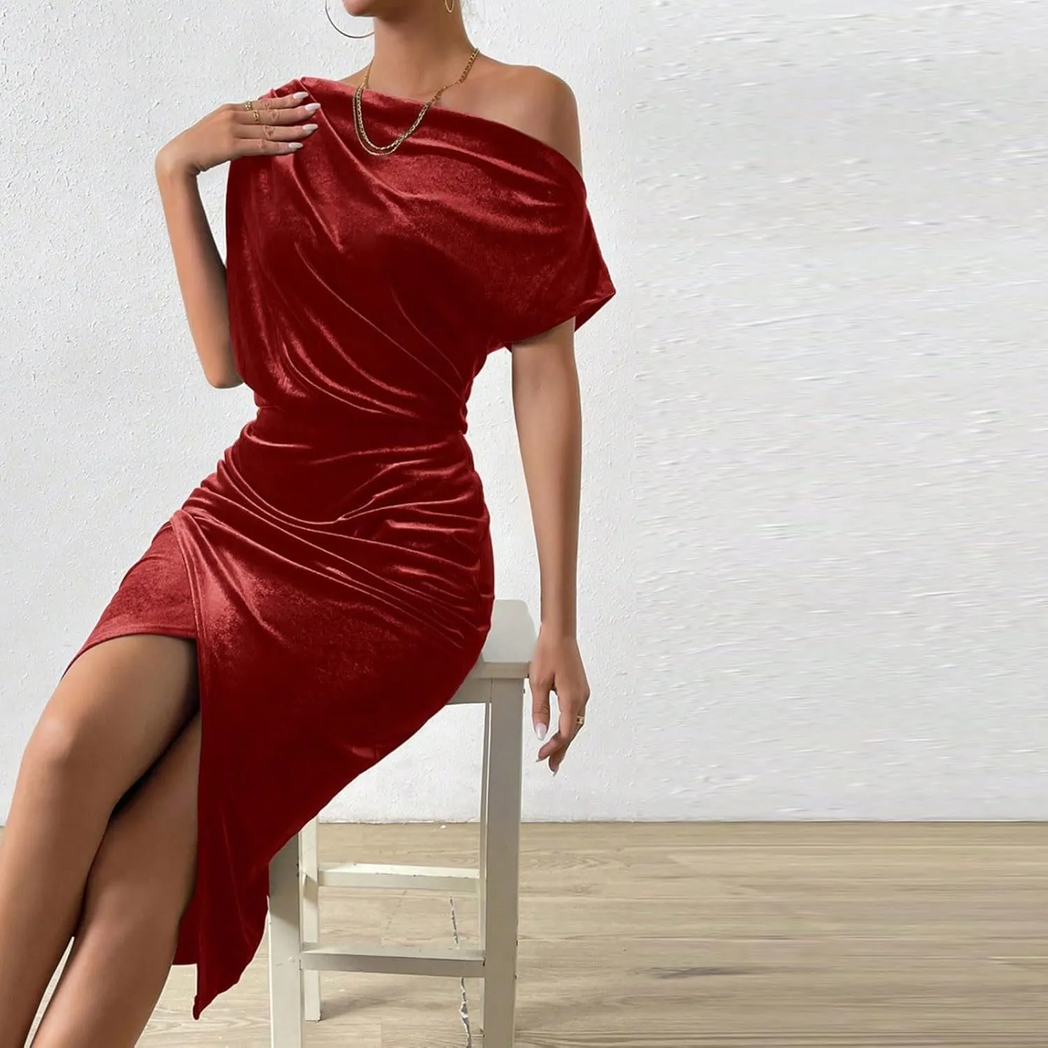 Women Classy Velvet Dress Sexy Off Shoulder Cocktail Party Dresses Ruched Split Midi for Wedding Guest