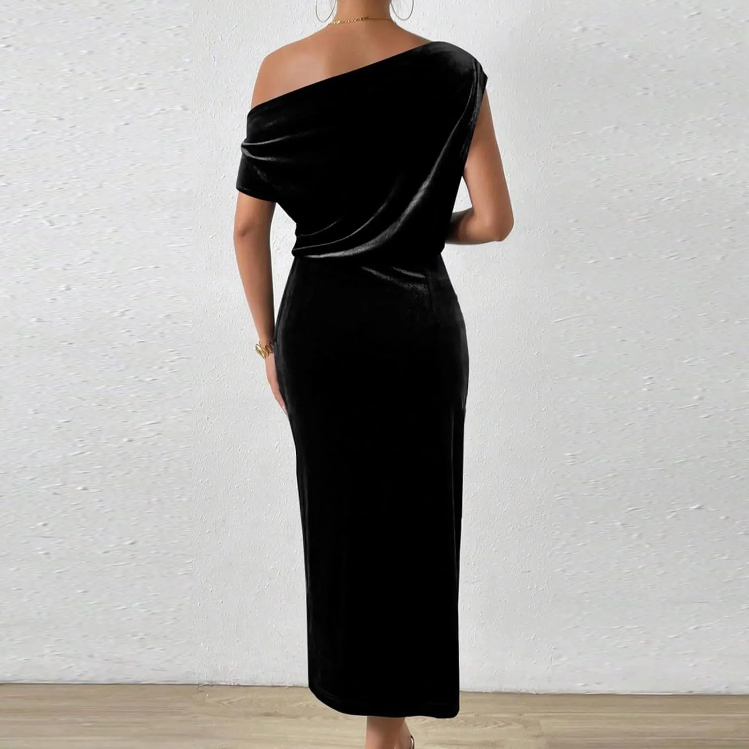 Women Classy Velvet Dress Sexy Off Shoulder Cocktail Party Dresses Ruched Split Midi for Wedding Guest