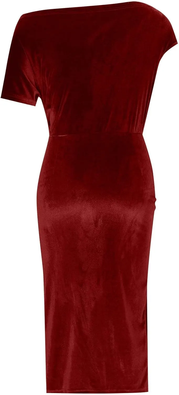 Women Classy Velvet Dress Sexy Off Shoulder Cocktail Party Dresses Ruched Split Midi for Wedding Guest