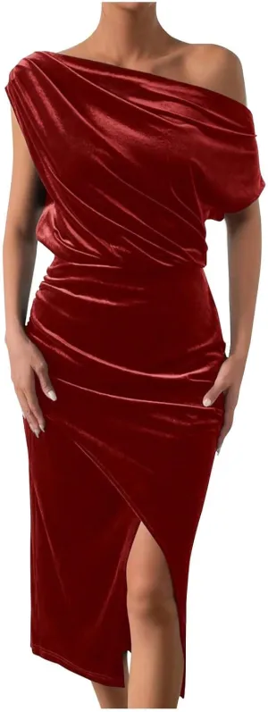 Women Classy Velvet Dress Sexy Off Shoulder Cocktail Party Dresses Ruched Split Midi for Wedding Guest