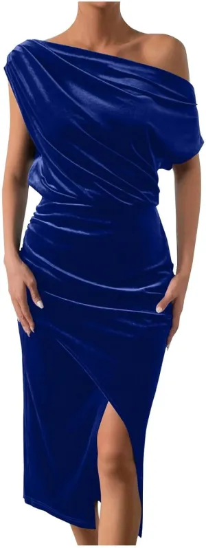 Women Classy Velvet Dress Sexy Off Shoulder Cocktail Party Dresses Ruched Split Midi for Wedding Guest