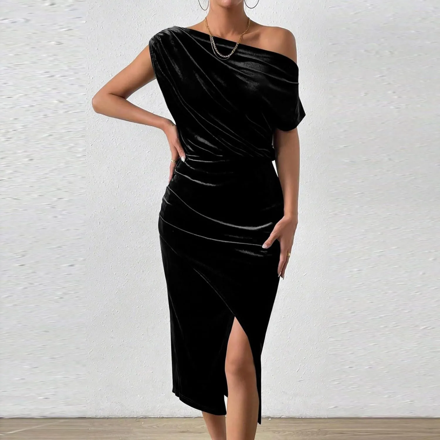 Women Classy Velvet Dress Sexy Off Shoulder Cocktail Party Dresses Ruched Split Midi for Wedding Guest