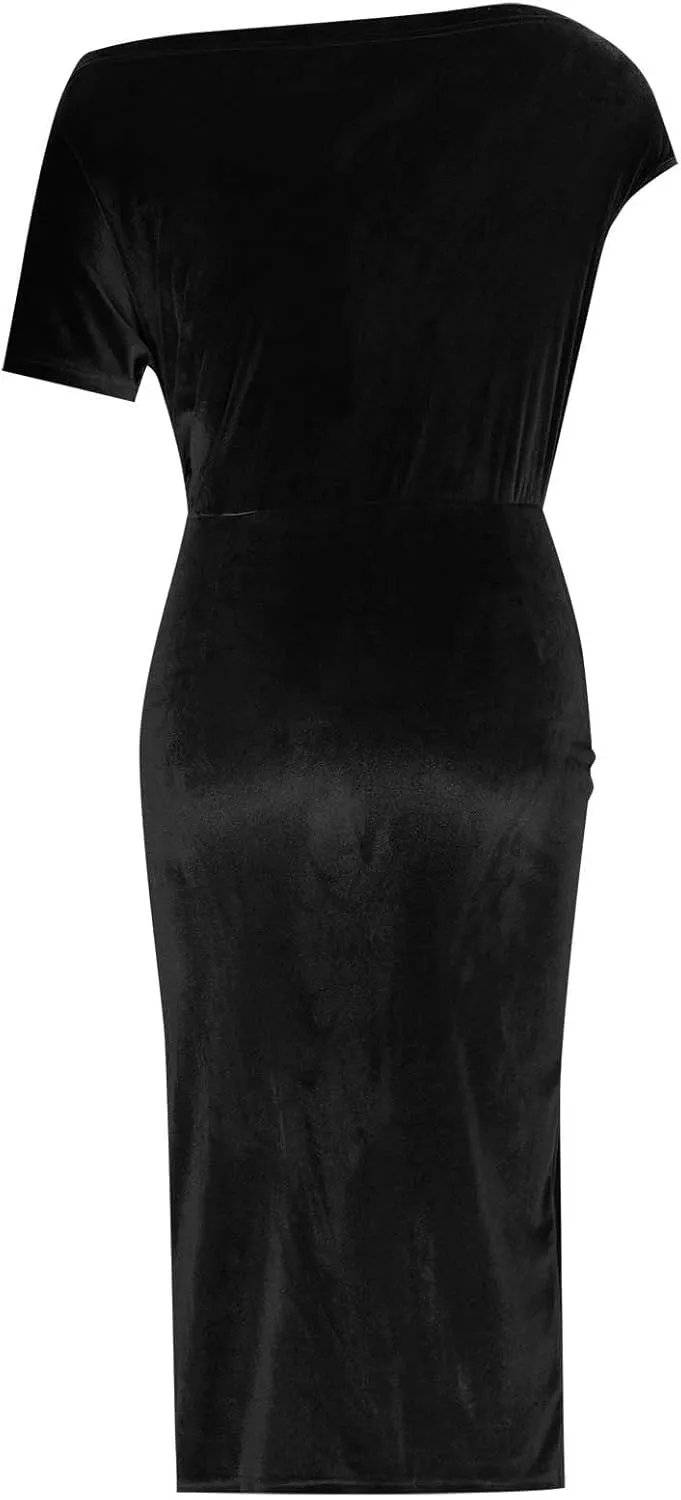 Women Classy Velvet Dress Sexy Off Shoulder Cocktail Party Dresses Ruched Split Midi for Wedding Guest