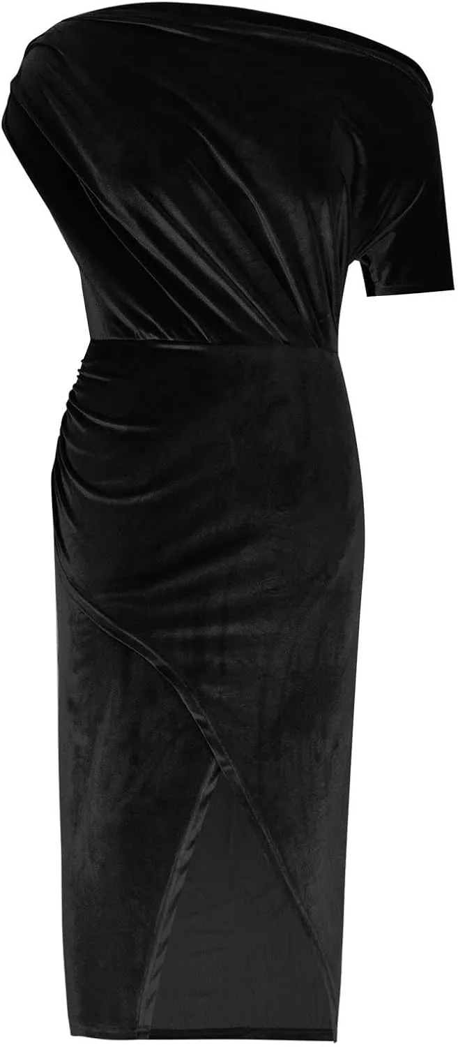 Women Classy Velvet Dress Sexy Off Shoulder Cocktail Party Dresses Ruched Split Midi for Wedding Guest