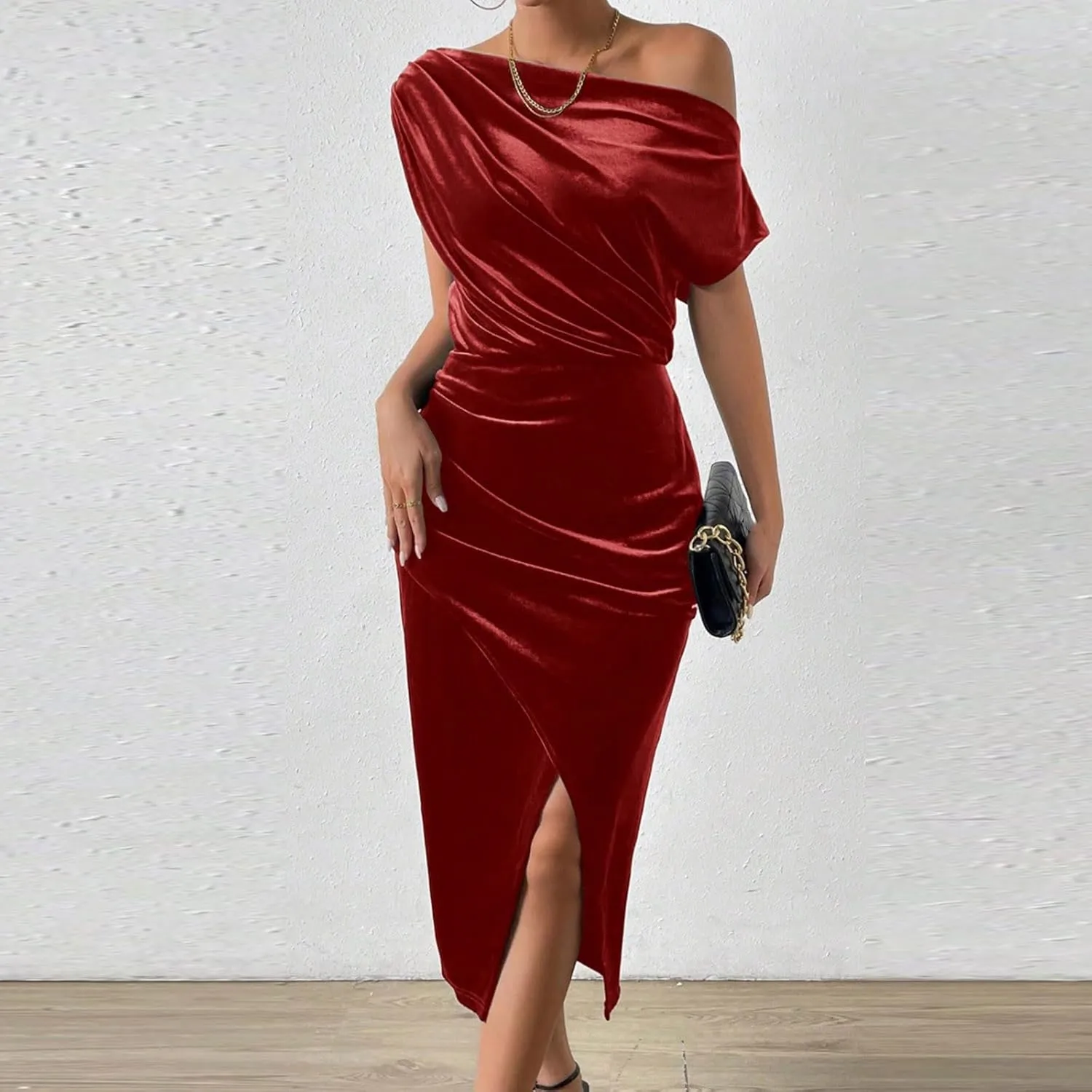 Women Classy Velvet Dress Sexy Off Shoulder Cocktail Party Dresses Ruched Split Midi for Wedding Guest