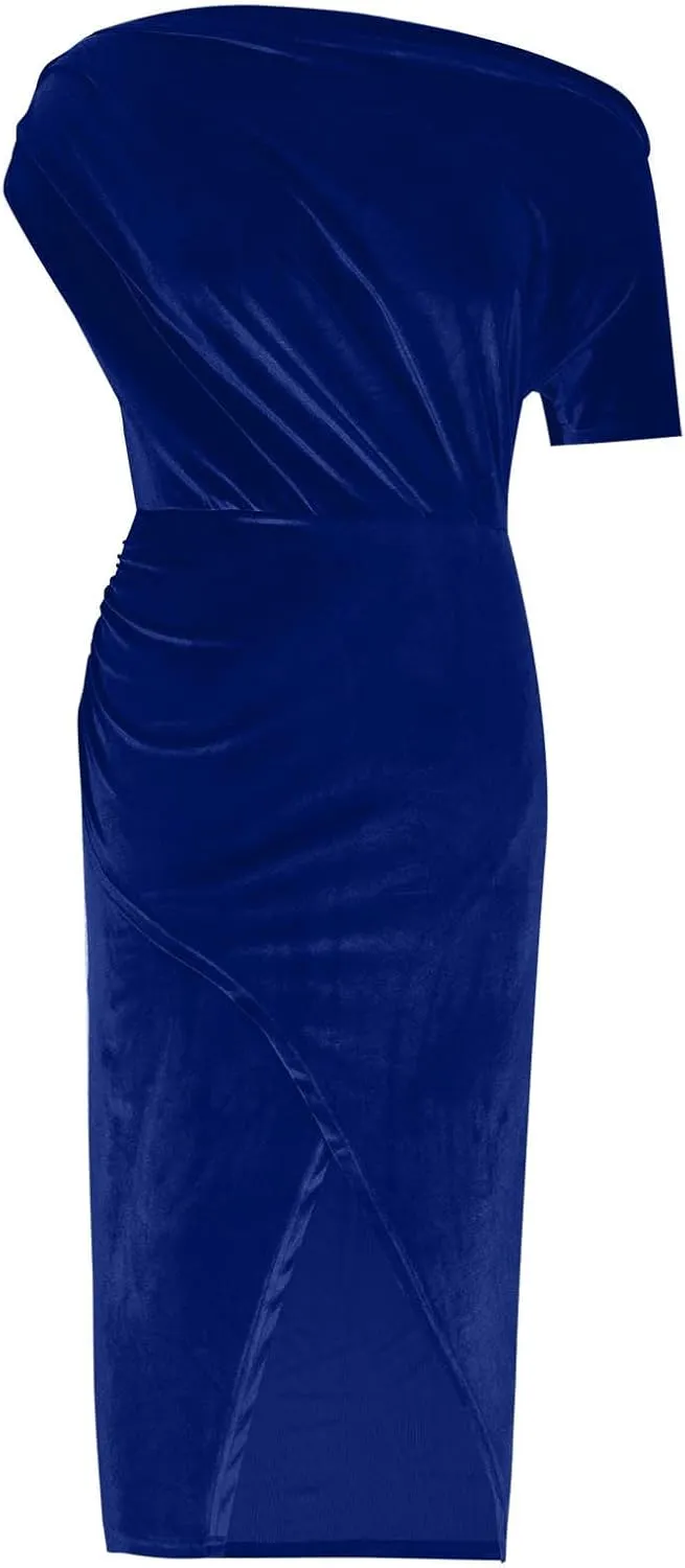 Women Classy Velvet Dress Sexy Off Shoulder Cocktail Party Dresses Ruched Split Midi for Wedding Guest