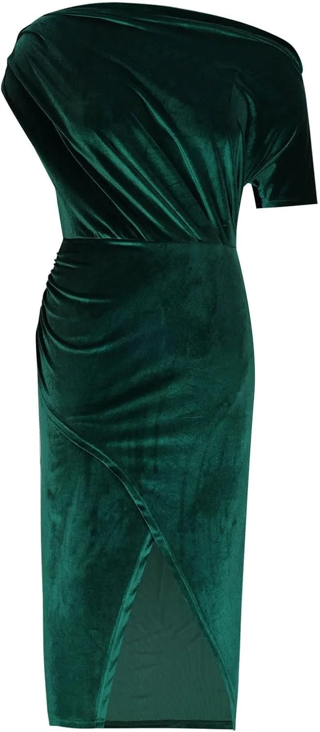 Women Classy Velvet Dress Sexy Off Shoulder Cocktail Party Dresses Ruched Split Midi for Wedding Guest