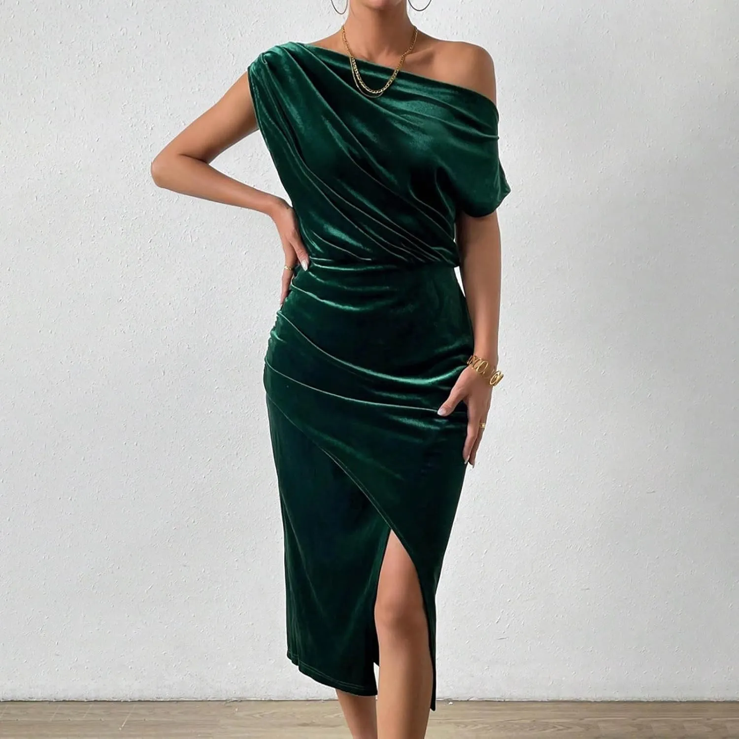 Women Classy Velvet Dress Sexy Off Shoulder Cocktail Party Dresses Ruched Split Midi for Wedding Guest