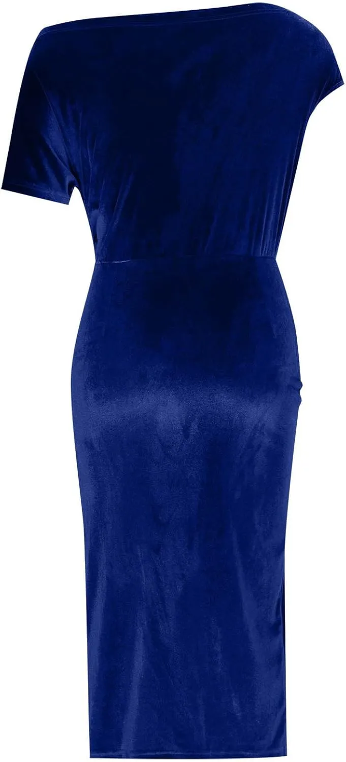 Women Classy Velvet Dress Sexy Off Shoulder Cocktail Party Dresses Ruched Split Midi for Wedding Guest