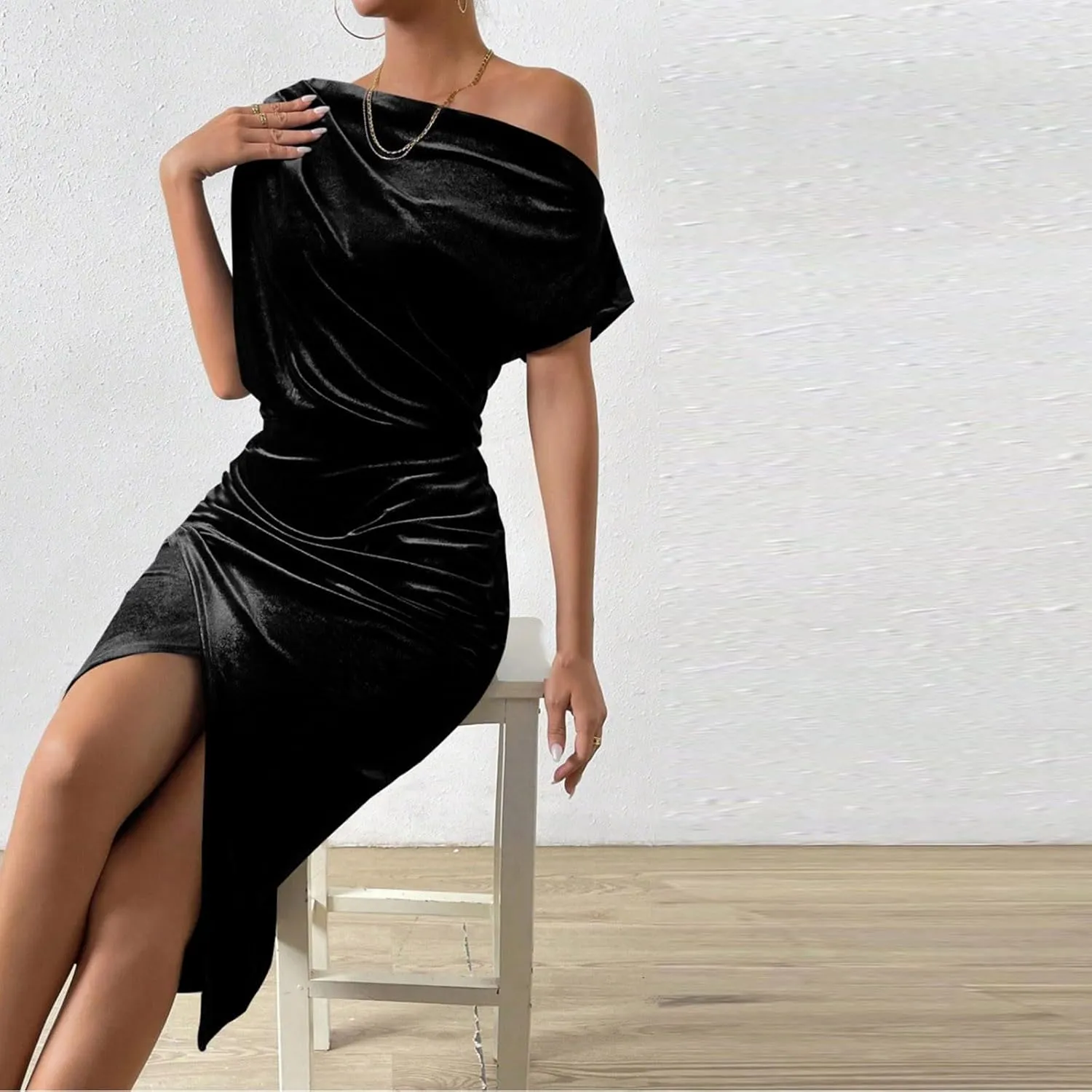 Women Classy Velvet Dress Sexy Off Shoulder Cocktail Party Dresses Ruched Split Midi for Wedding Guest