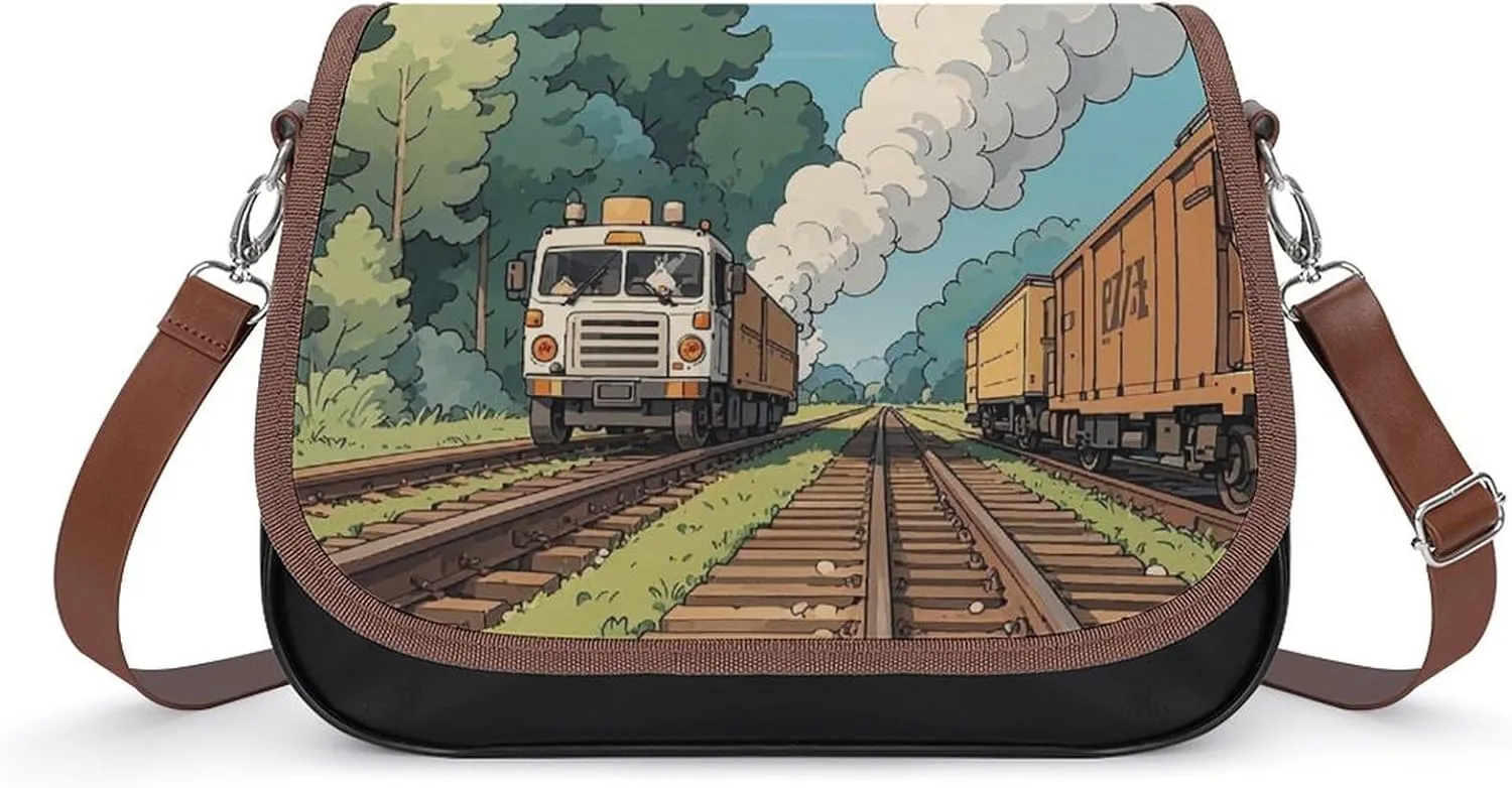 Women Crossbody Bags Rural Locomotive Smoking Railway Leather Shoulder Bag With Adjustable Strap Fashion Shoulder Cross Body Purse Multiple Commuter Bag