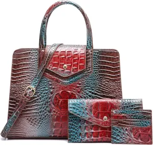Women Embossed Pattern Satchel Handbags Wallet 3 pcs Set Crossbody Tote Top Handle Vegan Leather Ladies Bag