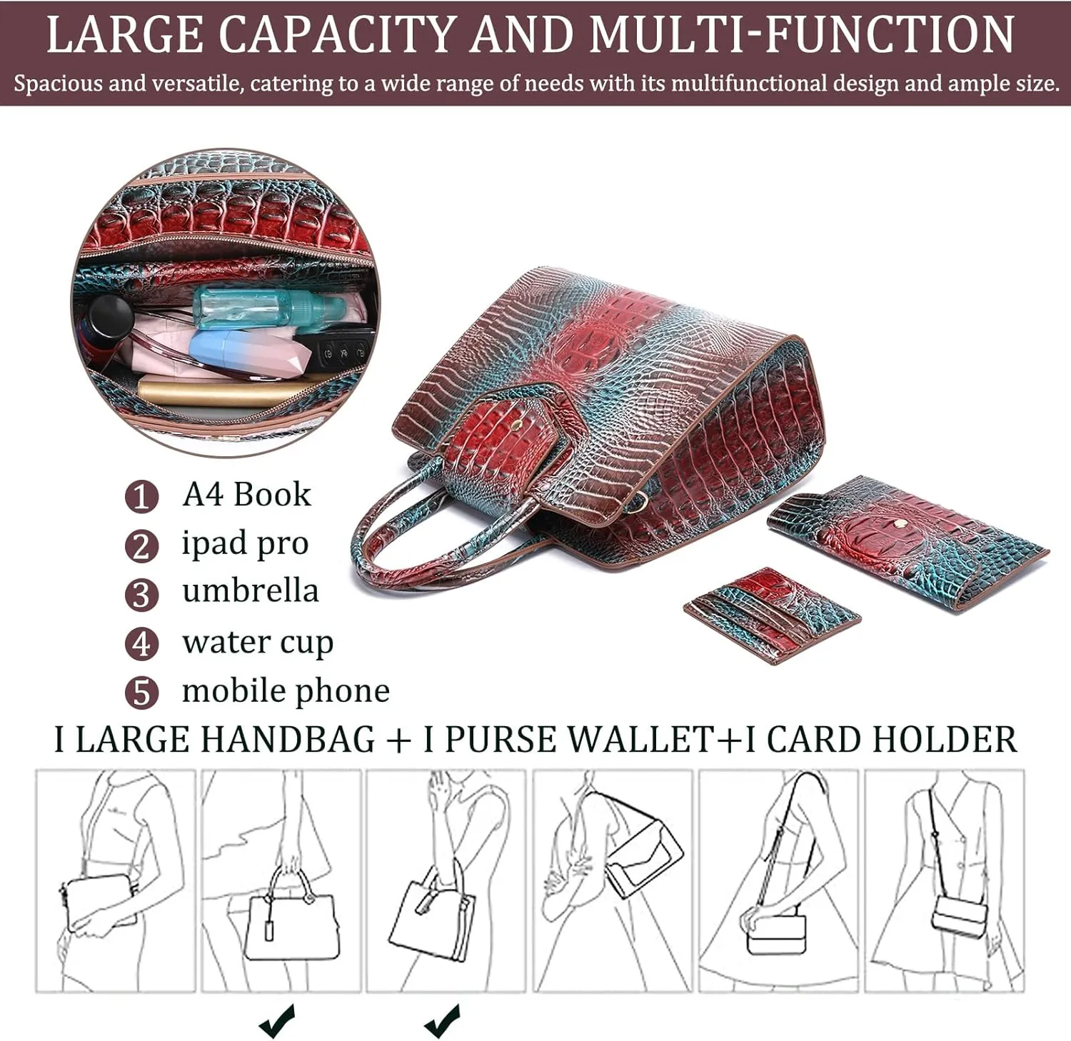 Women Embossed Pattern Satchel Handbags Wallet 3 pcs Set Crossbody Tote Top Handle Vegan Leather Ladies Bag