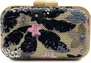 Women Embroidered Sequin Flower Evening Bag Glitter Beaded Handbag Straw Woven Clutch Purse with Chain for Party
