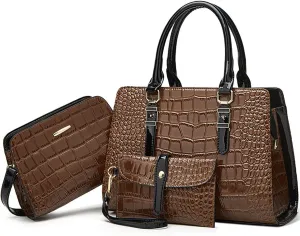 Women Fashion Crocodile Pattern Handbag Wallet Leather Tote Bag Shoulder Bag Top Handle Satchel Work Purse Set 3pcs