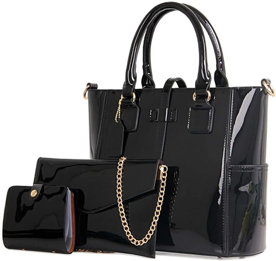 Women Fashion Handbags Patent Leather Tote Purses Shoulder Top Handle Bags 3pcs